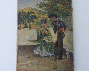 Pintura al óleo española antigua firmada con bailarinas de flamenco andaluces lino de 1900 Pintura de arte impresionista europeo con sellos, firmada Andrée