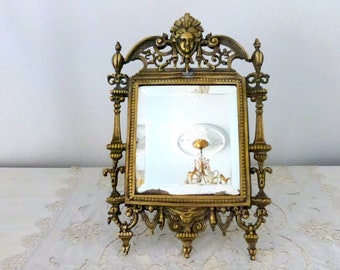 Antique French 1800s bronze mirror beveled vanity mirror on stand w medusa decor w floral drapery details, standing Baroque boudoir mirror