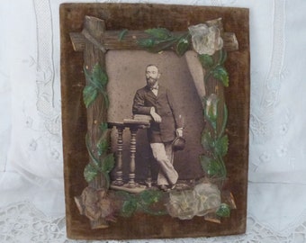 Antique French velvet floral picture frame w celluloid flowers, sepia picture of man, RARE 1900s Victorian picture frame, vintage home decor