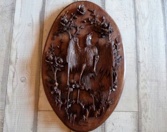 Antique wooden basrelief panel wall hanging decor w 3D eagle w roses, French hand carved architectural wooden salvaged architecture wall art