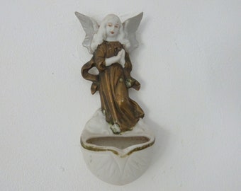 Holy water font w angel sculpture Antique French 1900s angel statue cherub putti hand painted bisque religious stoup statue angel ornament