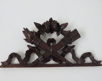 French antique door pediment, handcarved wooden architectural salvaged hanging canopy fronton w roses bow torch arrow for architecture decor