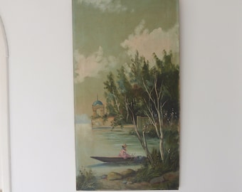 Large antique French signed oil painting w lady in boat on a lake w landscape w arbour 1900s linen European impressionist art painting
