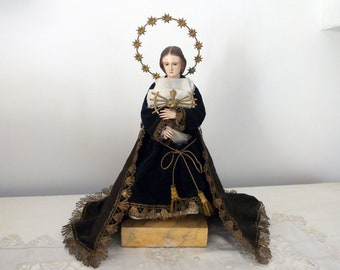 Antique religious Our Lady of the seven sorrows dolours pains cage doll statue Madonna mannequin santos 1800s handpainted wood w glass eyes