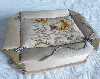 Antique French hand embroidered silk box w ducks, beads, sewing, keepsake, glove or jewelry box, decorative storage box, boudoir home decor