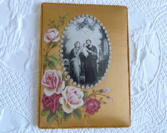 Antique religious Holy Family nativity handpainted frame w roses, sequins, French 1900s Holy virgin Mary infant child Jesus saint Joseph