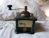 Vintage French coffee grinder wood coffee mill small wooden coffee grinder, working order, handpainted ski decor, kitchenware kitchen decor