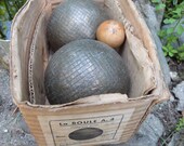 Antique French metal jeu de boule balls in original box, vintage LYON petanque balls boules w wooden ball, French primitive game set