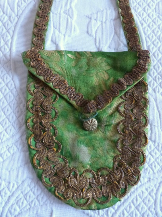 Antique French hand made green silk satin brocade… - image 1