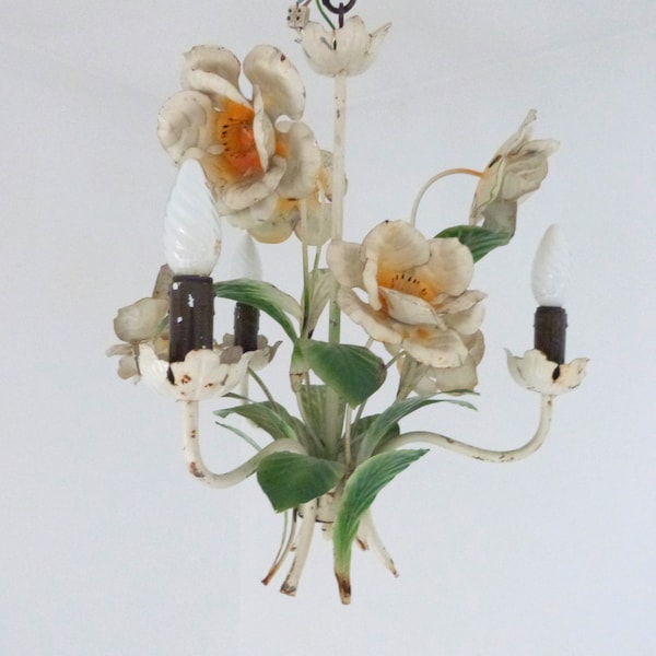 Antique French floral toleware tole chandelier lamp w big flowers, tole lighting ceiling light fixture, romantic shabby chic cottage light