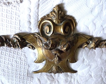 Antique French bronze furniture hardware, 1800s french hard ware cartouche w roses, LARGE salvaged architectural hardware French home decor