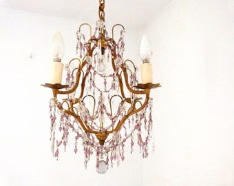 Antique 1900s French crystal prism bronze chandelier lighting fixture ceiling light w pink glass beads lustres, boudoir lamp w drops, ball