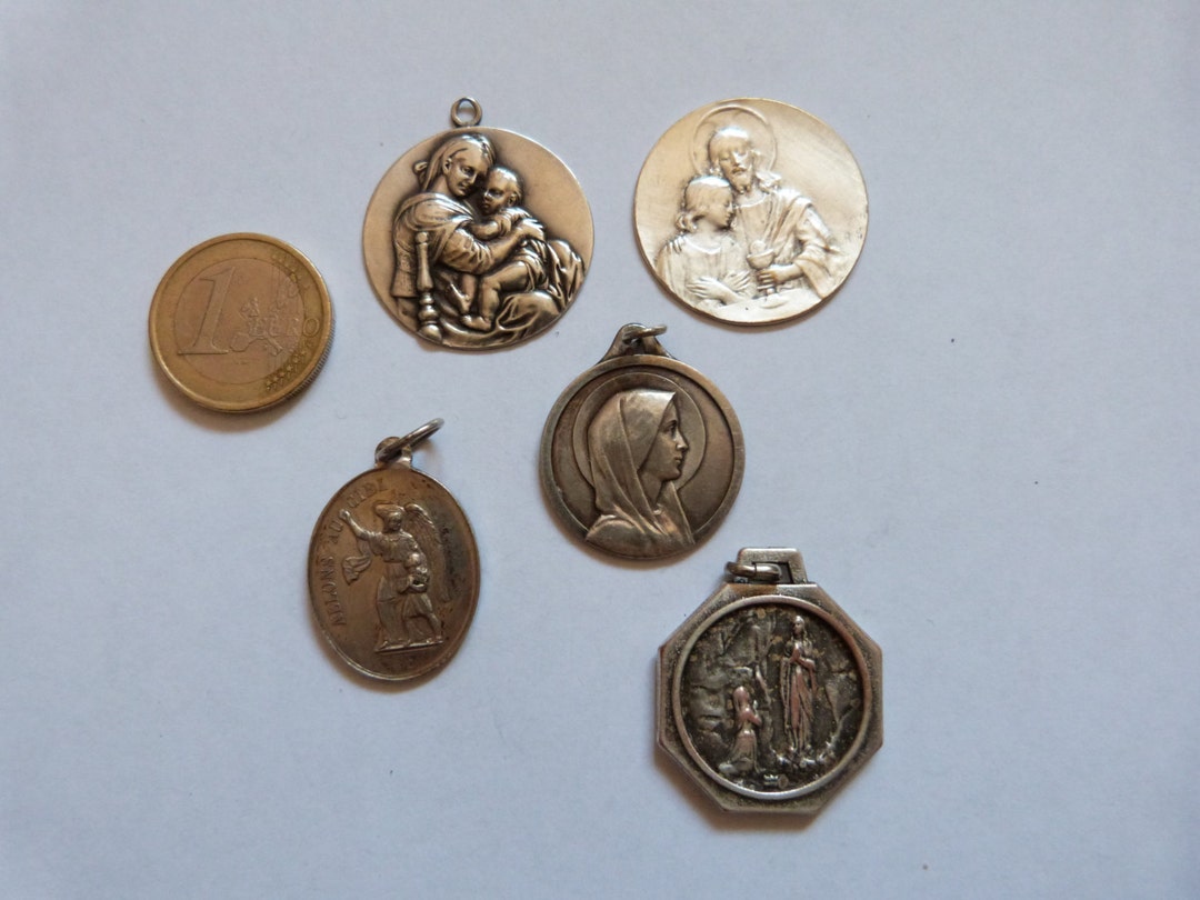 5 XL Antique French Religious Medals Holy Virgin Mary Madonna and Child Sacred Heart Jesus Christ Souvenir Our Lady of Lourdes Medal Etsy