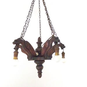 Antique 1900s French handcarved wooden dragon chandelier pendant lighting fixture ceiling light suspension, gothic Castle home decor lamp
