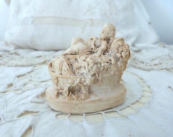Antique French religious limestone statue infant child baby Jesus in crib nativity christmas holiday decoration stocking gift under the tree