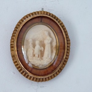 Antique French 1800s religious meerschaum frame w our lady of Salette w children, rare wooden frame w dome glass, hand sculptured art