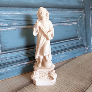 Antiek religieus standbeeld baby kind Jezus Christus sculptuur standbeeld ondertekend OLOT met IHS-letters, devotionele katholieke kerk decor kunst cadeau