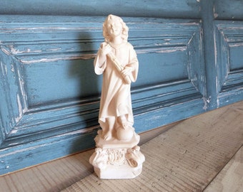 Antique religious statue infant child Jesus Christ sculpture statue signed OLOT w IHS letters, devotional catholic church decor art gift