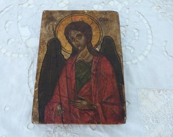 Antique orthodox 1800s hand painted icon w archangel Michael on wood, signed devotional religious orthodox wall art, religious decor gift