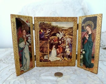 Antique Florentine Italian triptych madonna w child Jesus nativity scene, archangel travel icon gilded wooden devotional religious triptych