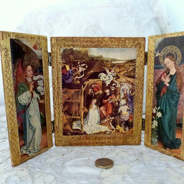 Ancien triptyque italien florentin, Vierge à l'enfant Jésus, crèche, archange, icône de voyage, triptyque religieux dévotionnel en bois doré