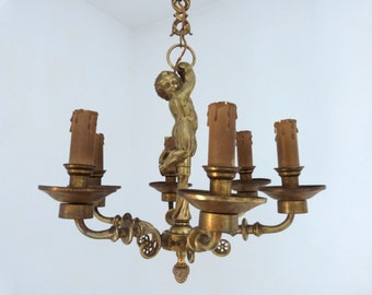 Antique French angel cherub putti figural lighting chandelier hanging ceiling pendant light lamp w angel putti figurine, boudoir home decor