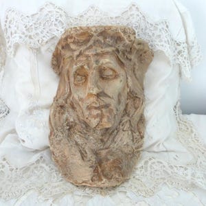 Antique French religious terracotta statue Jesus Christ bust sculpture statue w IHS church decor figurine, 1800s christian devotional art