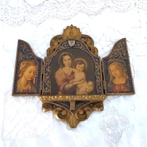 Vintage Florentine Italian gilded triptych w Madonna and child, saints, travel icon frame devotional religious catholic devotional art gift