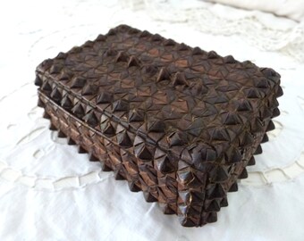 Antique French hand woven box of leather or raffia w raised design w satin lining, rare keepsake, souvenir, stamp, money or trinket box