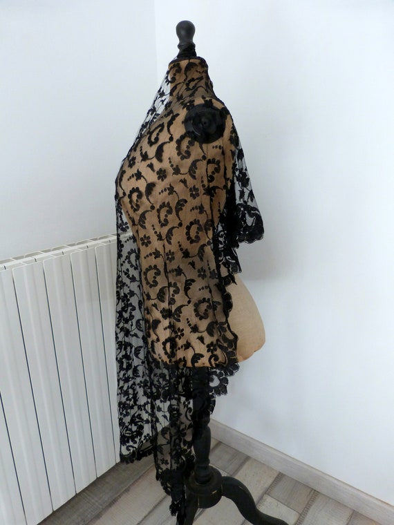 French antique black lace shawl wrap mantilla vei… - image 4