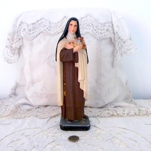 BIG Antique French st Therese of Lisieux statue sculpture signed religious handpainted statue saint St Theresa w cross Jesus Christ crucifix