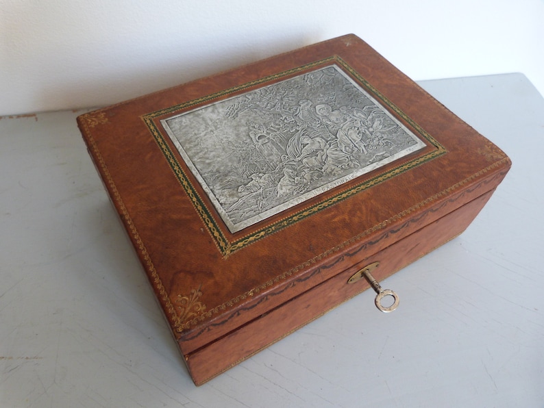 Antique leather wooden sewing jewelry box w silver marquetry inlay picture plaque 1900s French trinket keepsake box, French boudoir decor image 4