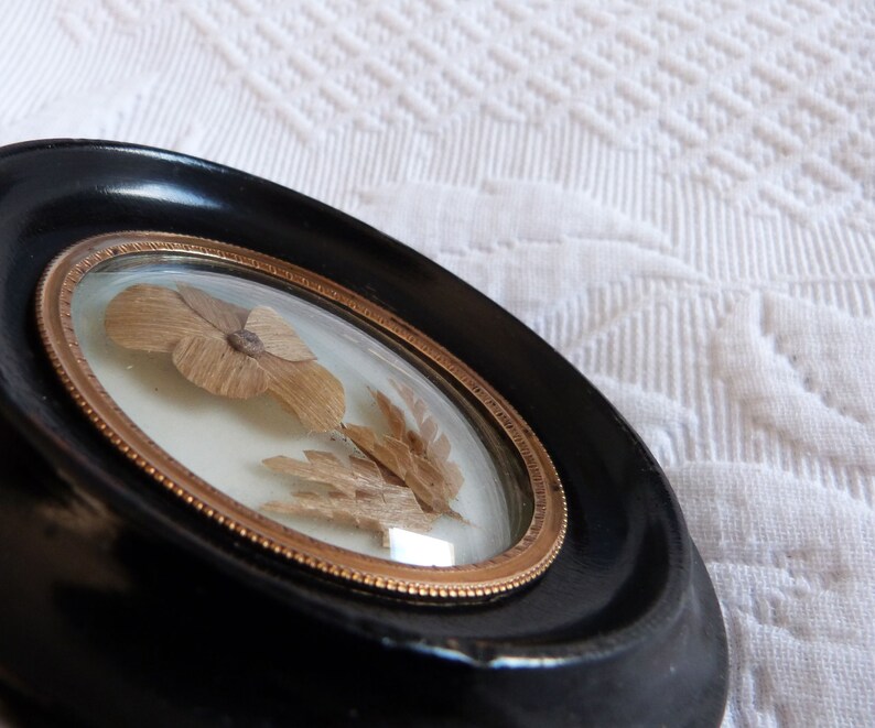 Mourning hair art frame Victorian hair memento mori Antique French handmade relic wooden frame blown glass, flower w human hair art 1800s image 5