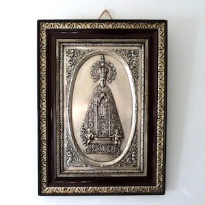 Antique 1900s framed religious silver bas relief w our lady of the Ascension wall hanging w Madonna w angels, crown, signed wall plaque