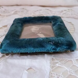 Antique French blue silk velvet picture frames w sepia picture of man, blown glass cover, 1900s Victorian picture frame, home decor gift image 4
