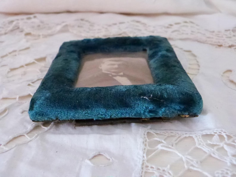 Antique French blue silk velvet picture frames w sepia picture of man, blown glass cover, 1900s Victorian picture frame, home decor gift image 4