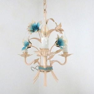 Vintage French toleware tole chandelier lamp w blue flowers floral tole lighting ceiling fixture, romantic cottage chic boudoir light decor