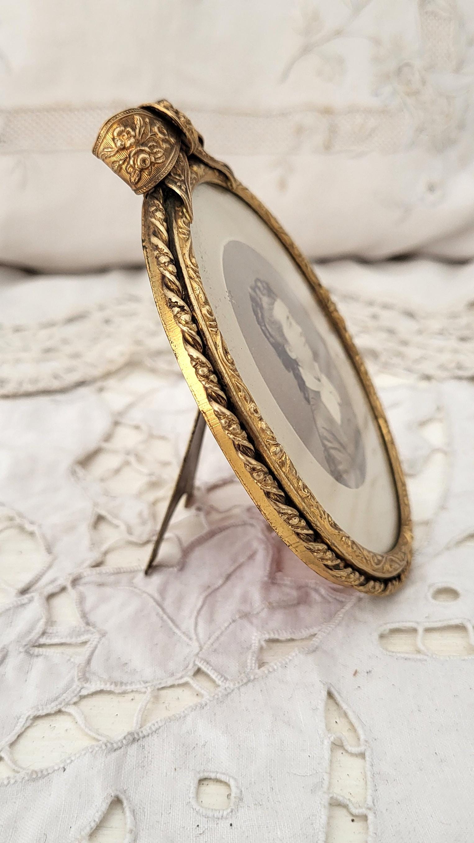 Antique French Oval Picture Frame W Ormolu Bow Ribbon W Tiny Roses