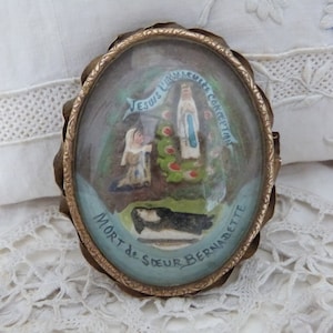 Antique religious polychrome Meerschaum French 1800s reliquary w death of Bernadette w Holy Virgin Mary our lady of Lourdes framed medallion