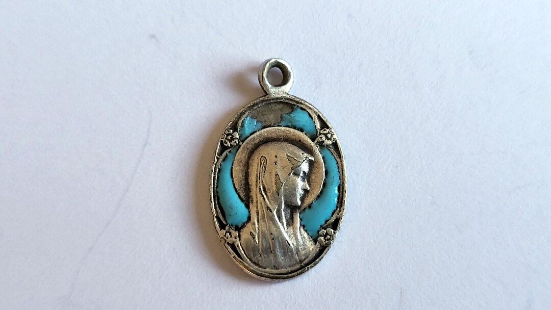 Antique French Religious Blue Enamel Miraculous Medal Holy Virgin Mary ...