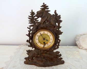 Antique French signed iron Black Forest mantel desk clock w bear and sheep decor, working order w key, Schwarzwald folk art home decor