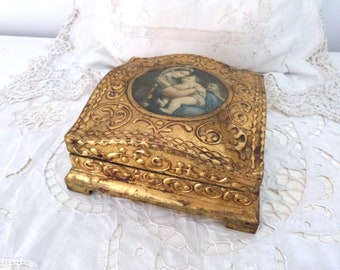 Big Vintage Italian Florentine wooden gilded box keepsake w Madonna della Sedia w child Jesus, jewelry box w raised gilt decor, home decor