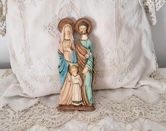 Vintage French terracotta Saint Holy Family statue w child Jesus Christ, Holy Virgin Mary, St Joseph, Christmas nativity creche holiday deco