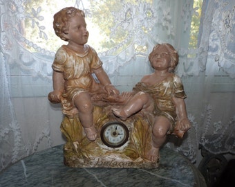 RARE Antique French figural clock signed Gallo numbered 1900s chimney standing table clock w children on swing, French home boudoir decor