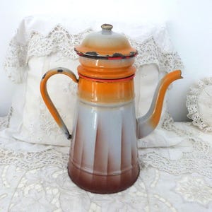 Big Antique German artdeco enamel coffee pot w geometric design enamelware cafetiere, farmhouse country cottage kitchenware kitchen decor