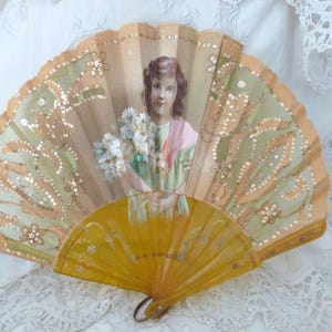 Antique hand painted hand fan in box, 1900s folding fan w gold sequins French handfan w bakelite handle, boudoir ladies accessories