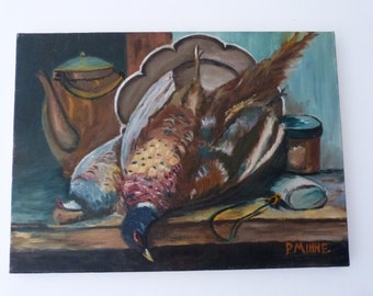 Vintage French signed still life oil painting w pheasant hunting 1950s linen European still life art painting country kitchen home decor