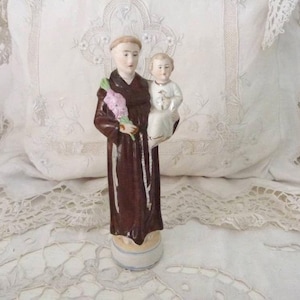 French Antique religious statue of saint Antoine de Padoue Saint Anthony with child infant Jesus sculpture hand painted bisque religious art