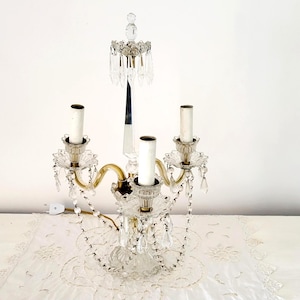 Antique French bronze w crystal lamp girandole lighting fixture w drops, romantic Chateau boudoir decor lamp w facetted lustres beads drops