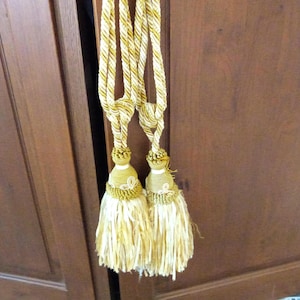 Vintage pair French yellow ecru curtain drapery tieback tie back tassel holdbacks w woven design, decorative tassels home decor